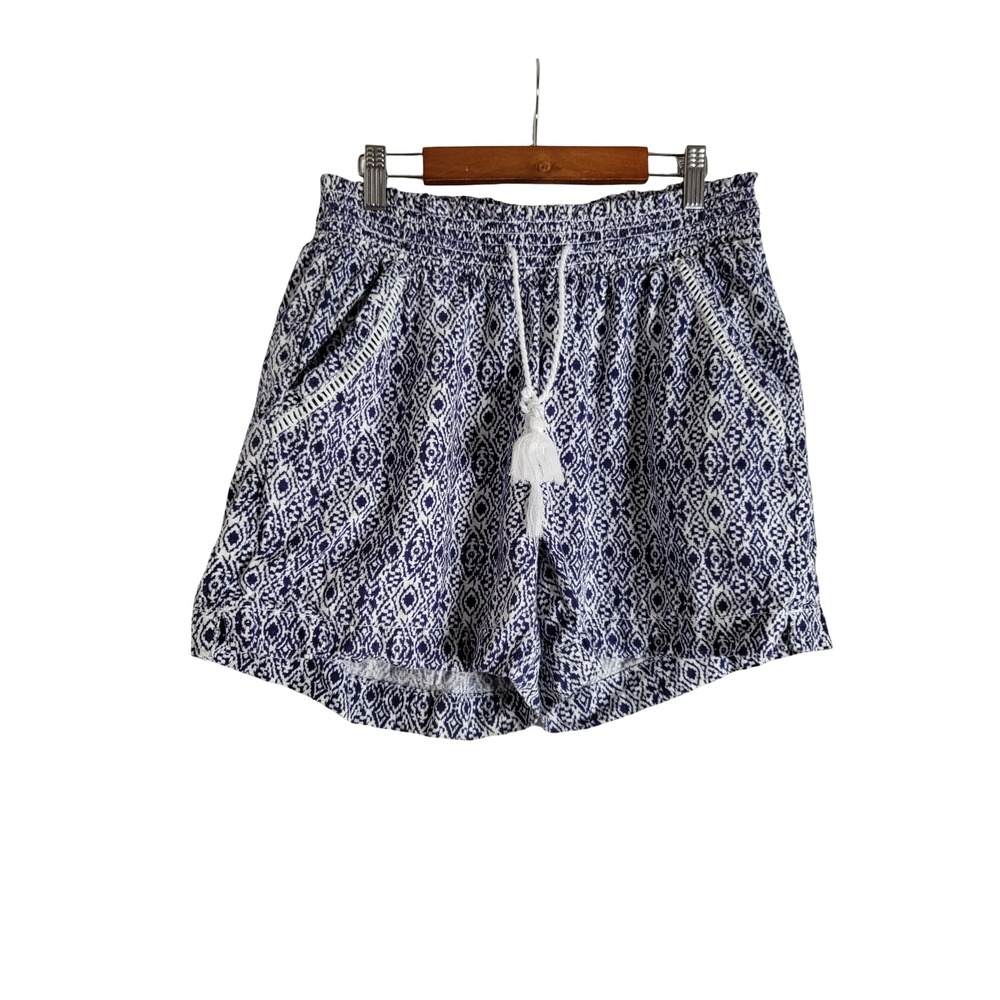 Briggs Navy Blue White Ikat Linen Blend Smocked Tassel Shorts M Resortwear Boho